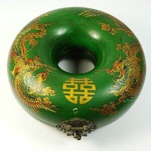 Vintage Asian Round Donut Necklace Jewelry Trinket Box Green Dragons Hinged